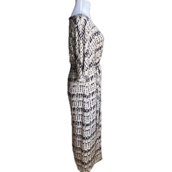 LAVENDER BROWN Ikat Print Belted Wide Leg Flutter Sleeve Jumpsuit Size M Black - Picture 4 of 13